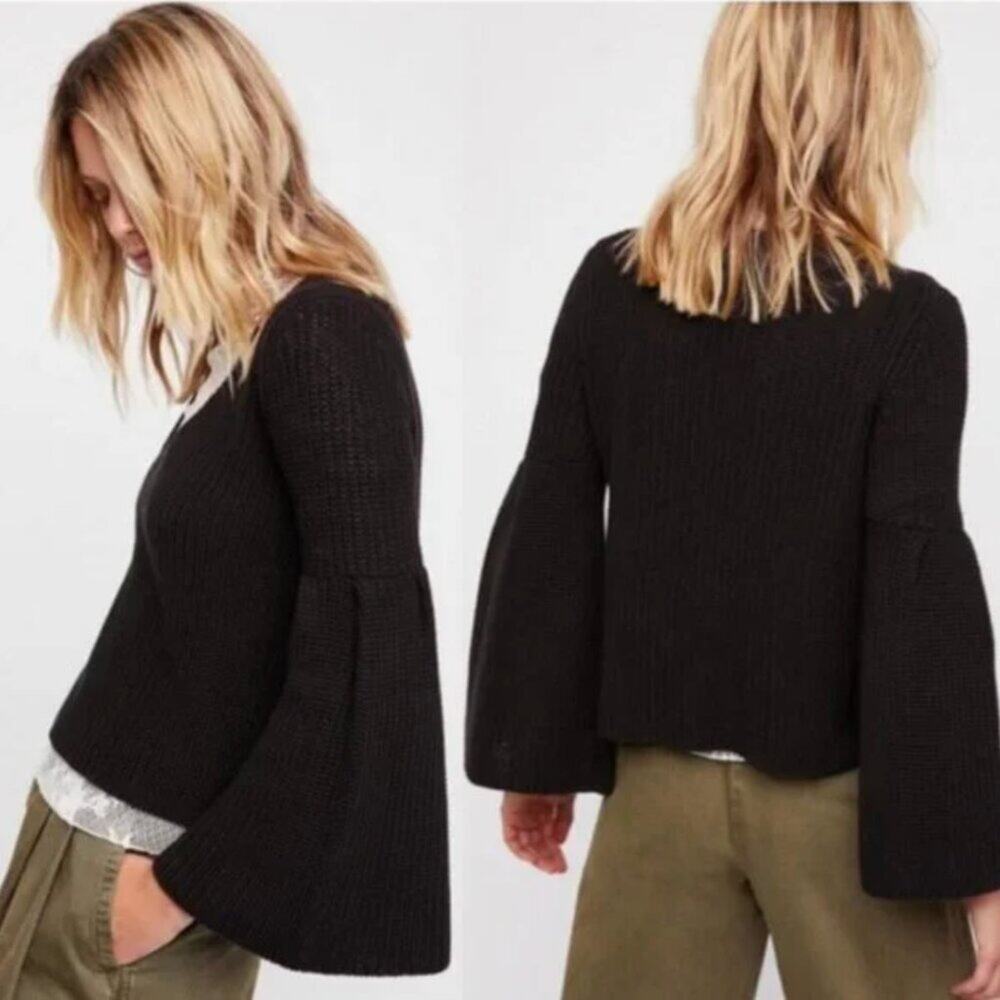 Free People Damsel Black Bell-Sleeve V-Neck Sweater